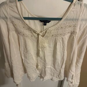 American Eagle Outfitters Cream Embroidered Tassel Peasant Top